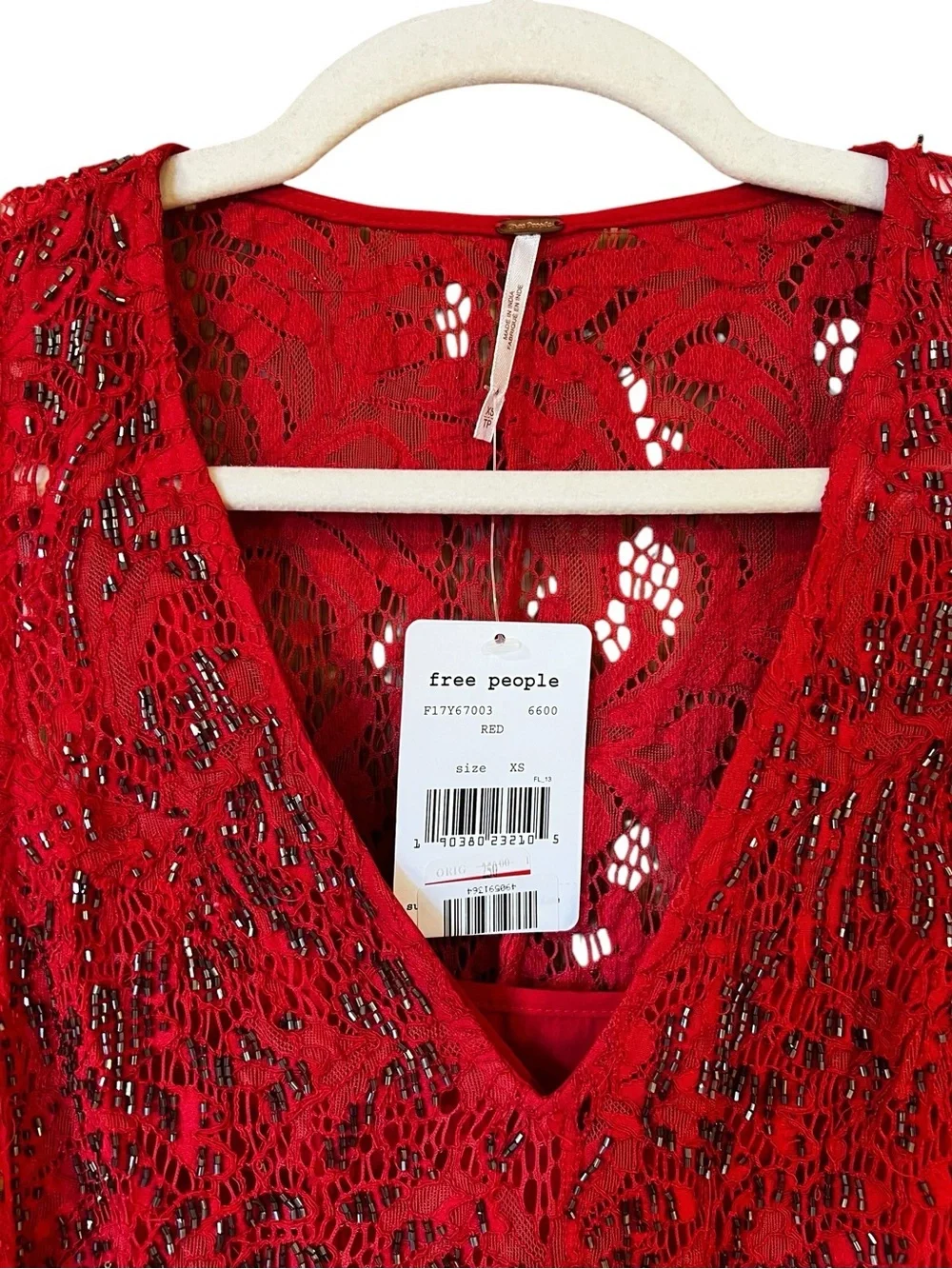 Free People Allover Lace Beaded V Neck Mini Dress Red Size XS NWT* Cocktail